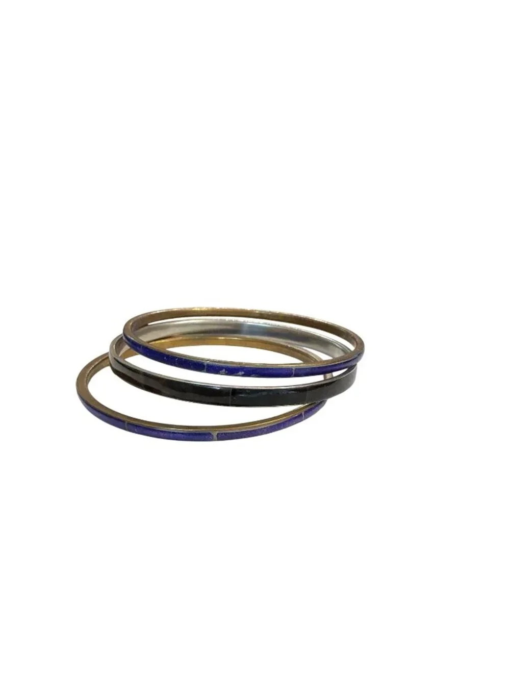 Vintage Lot Of 3 Enamel Stacking Layering Bangles Blue & Black 2.5-Inch Diameter